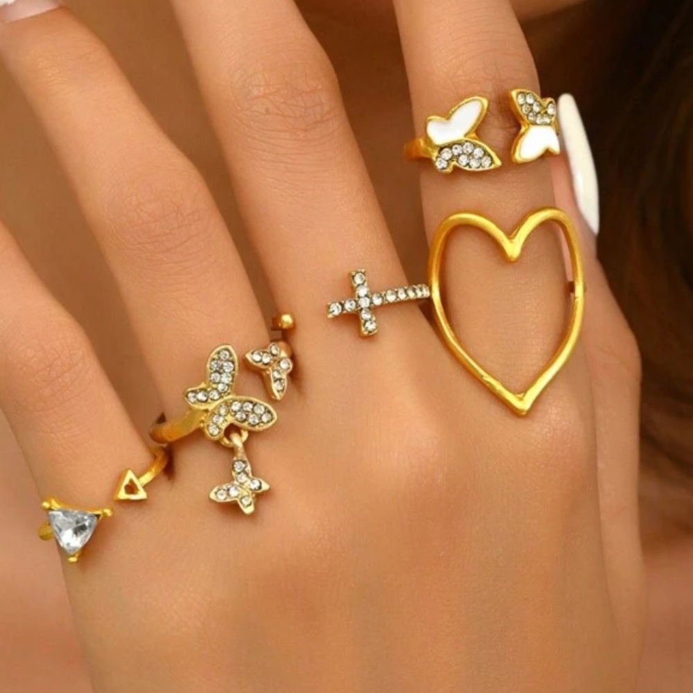 6 piece Gold Ring Set Cross heart and butterfly